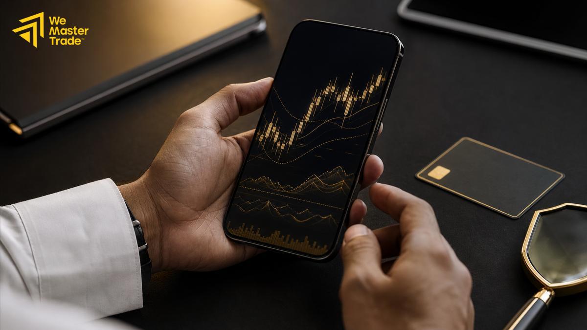 واجهة تطبيق ميتاتريدر 5 على الهاتف تعرض الرسوم البيانية وقائمة الأدوات