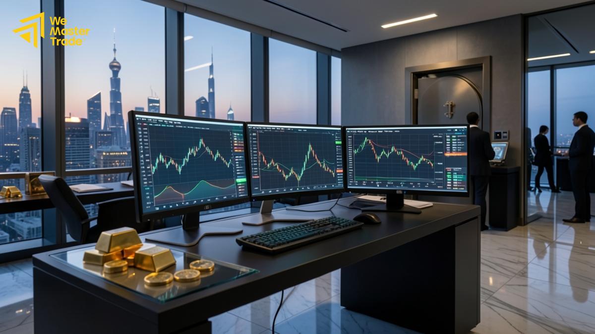 واجهة منصة تداول إلكترونية تعرض الرسوم البيانية والأسعار الآنية لأسواق الفوركس والأسهم