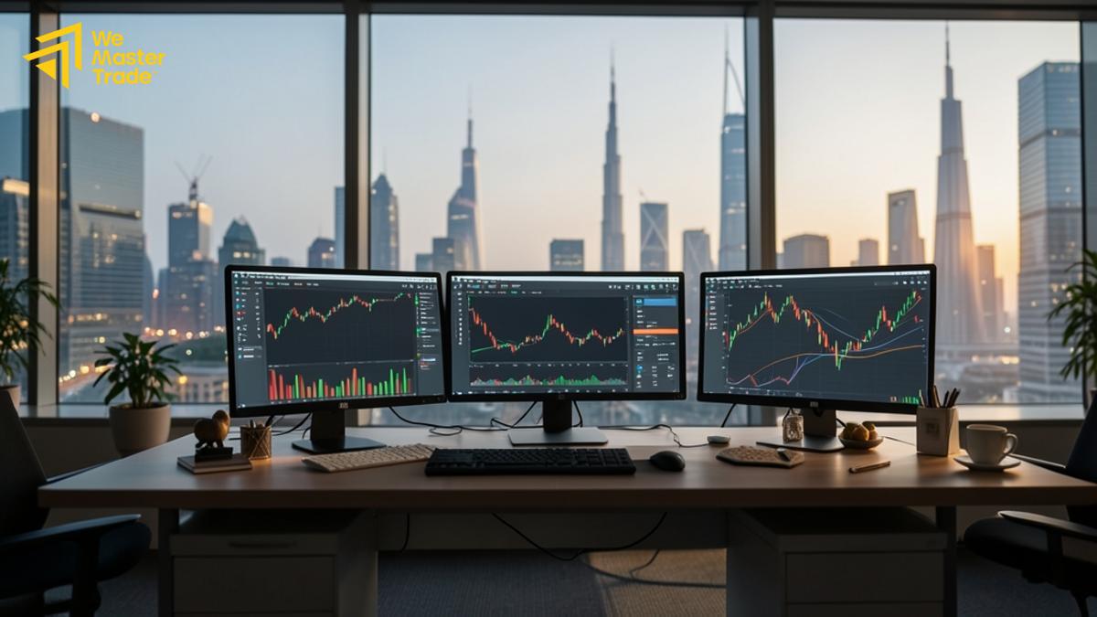 متداول يستخدم تطبيق منصة تداول على الهاتف الذكي لمتابعة أسواق الفوركس والأسهم في الإمارات