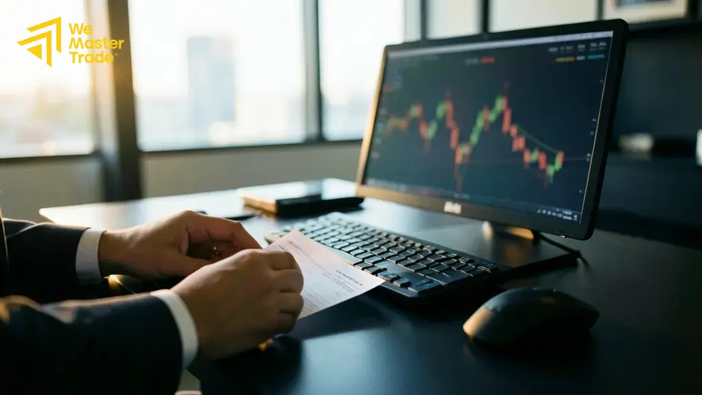 شاشة تداول تعرض أخبار الفوركس وحركة أزواج العملات الرئيسية