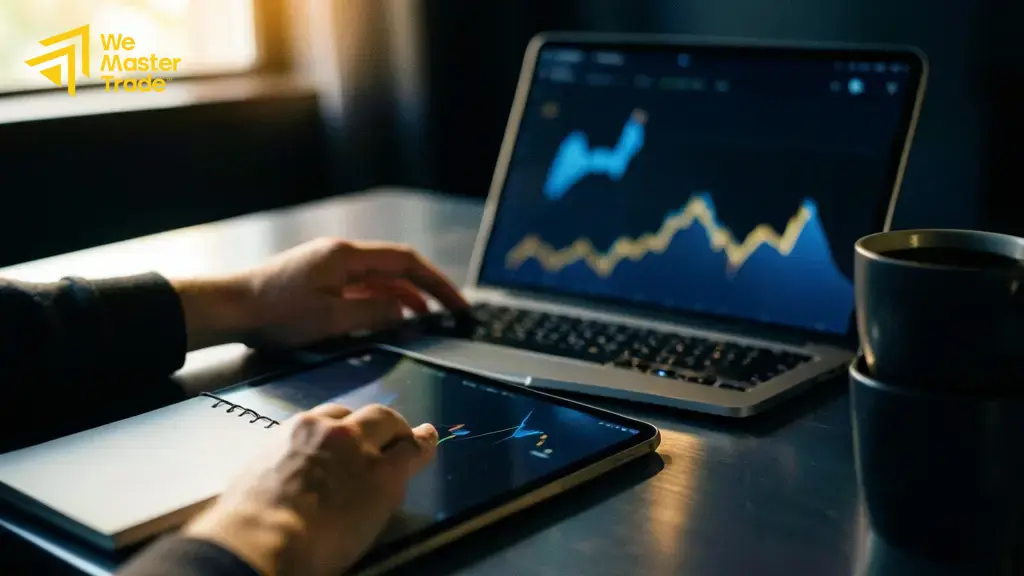 شاشة تداول تعرض مستويات دعم ومقاومة ونماذج شموع يابانية