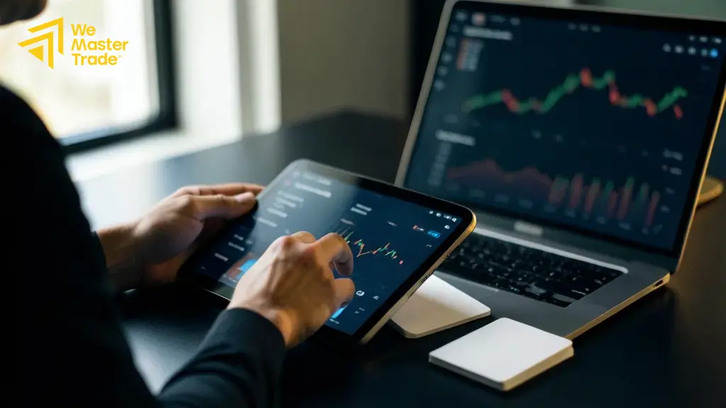 مبتدئ يتعلم أساسيات استراتيجيات التداول أمام شاشة تحليل